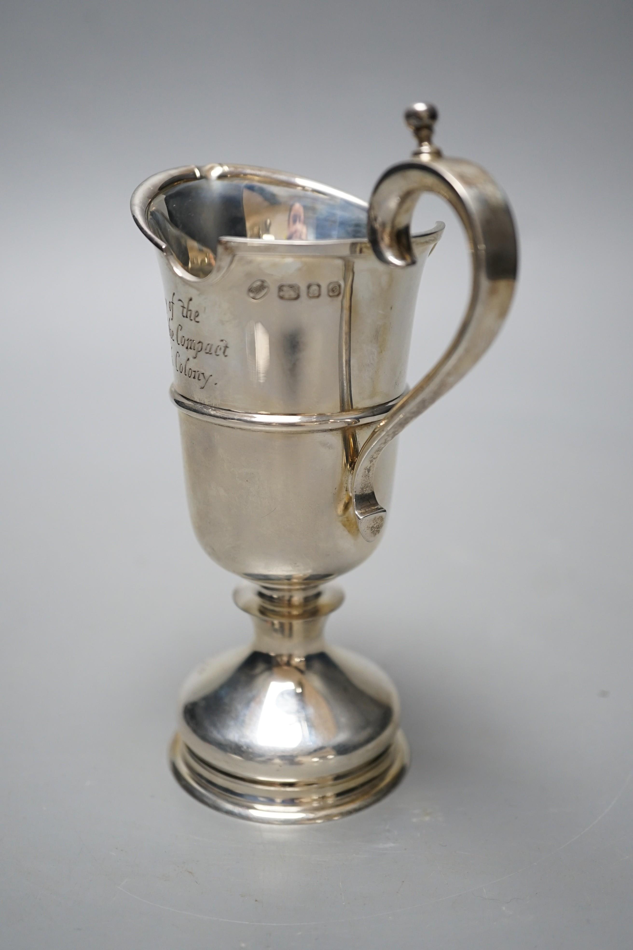 A modern limited edition silver cream jug, commemorating the 350th Anniversary of the sailing of the Mayflower, P Ltd, London, 1969, 14.5cm, 7.2oz.